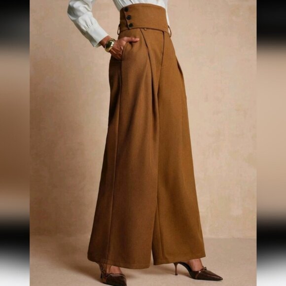 High Waist Tie Ruched Loose Fit Wide Leg Pants, British Style - Picture 2 of 4